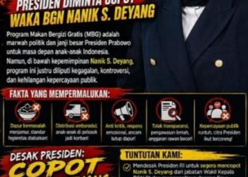 AGUNG SULISTIO: MBG Terancam Gagal Total, Presiden Diminta Copot Waka BGN Nanik S. Deyang